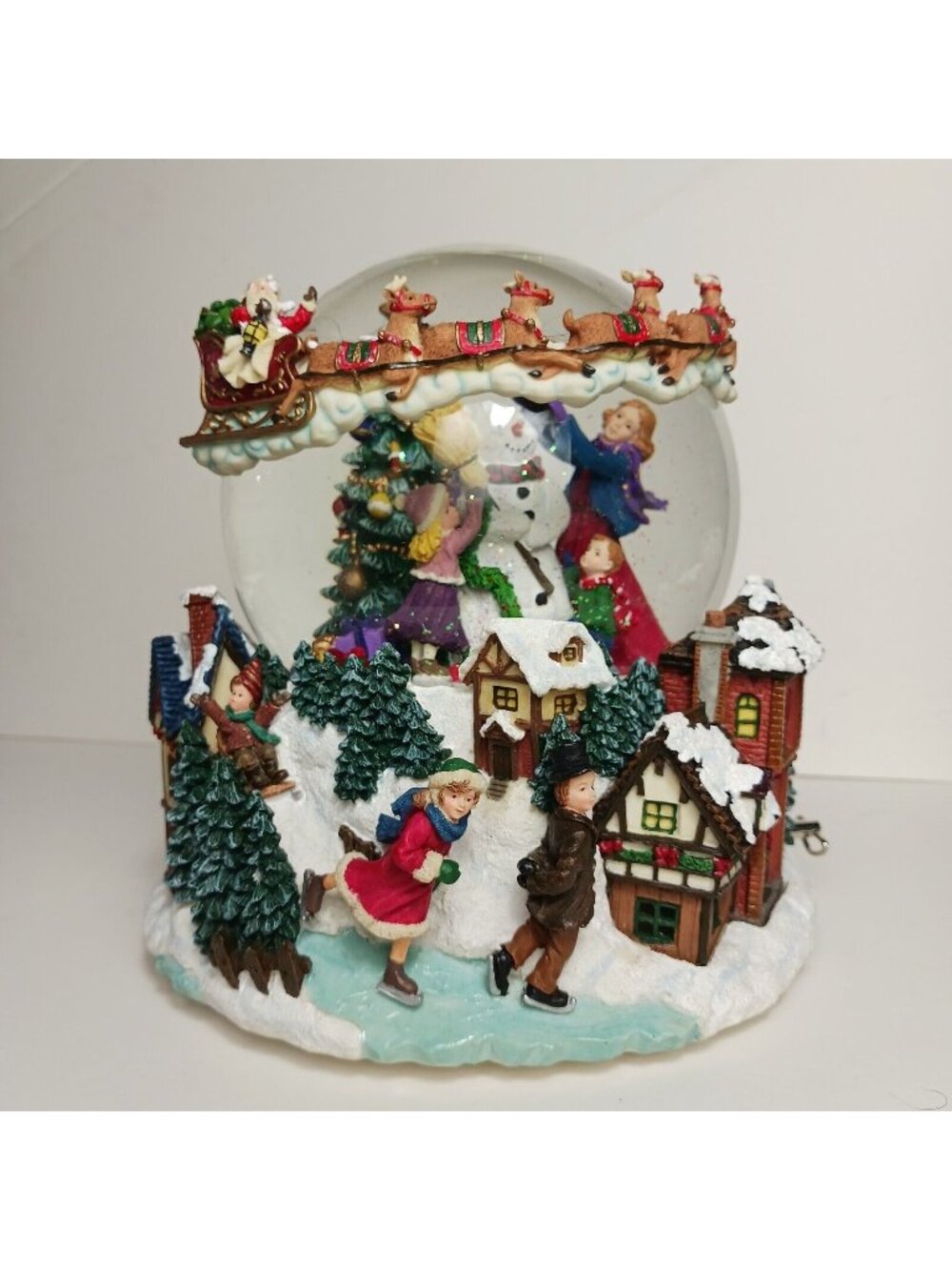 Musical Christmas Snow Globe Revolving Santa Reindeer Village Holiday Gift Decor